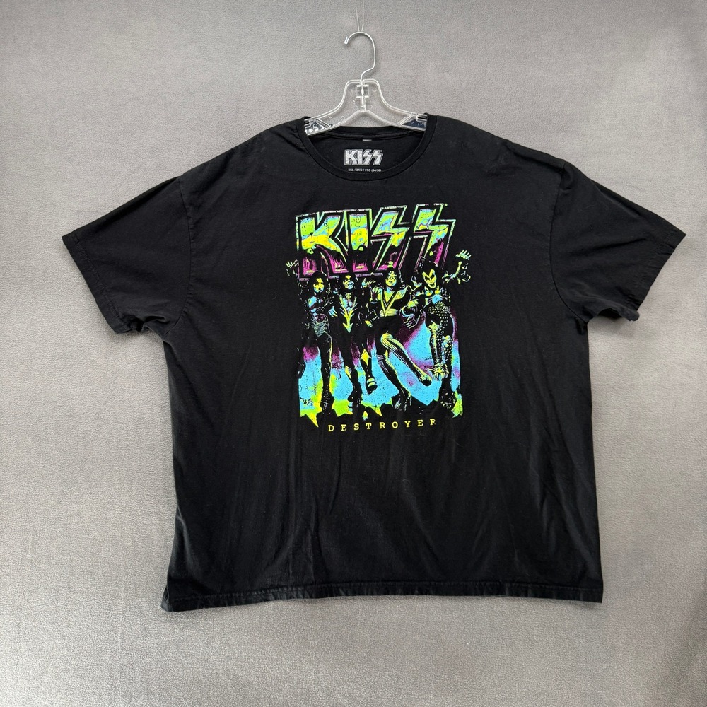 KISS T-Shirt Mens 3XL Destroyer Neon Graphic Band Black Cotton Short Sleeve Tee